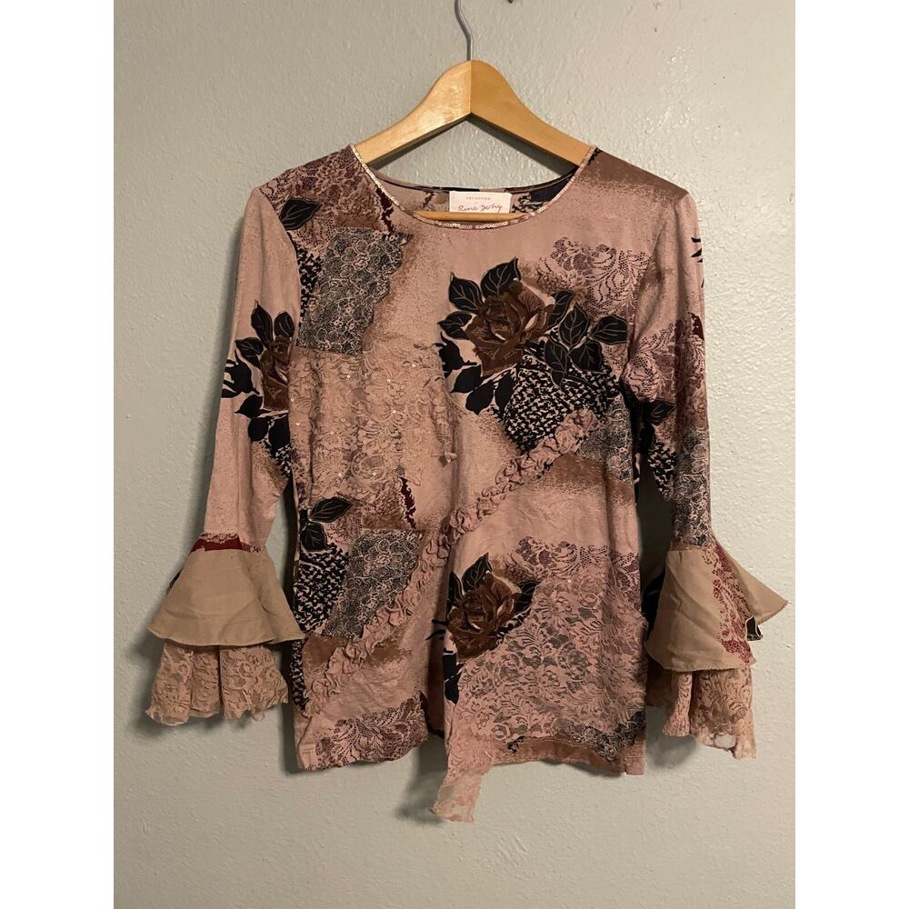 Rene Derhy Womens Top Size 10/12 Floral Lace Trim Bell Sleeve Whimsigoth Fairy